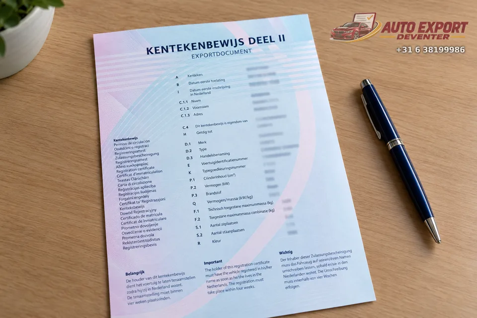 Kentekenbewijs deel II, het exportdocument voor een auto uit Deventer, op de balie van Auto Export Deventer